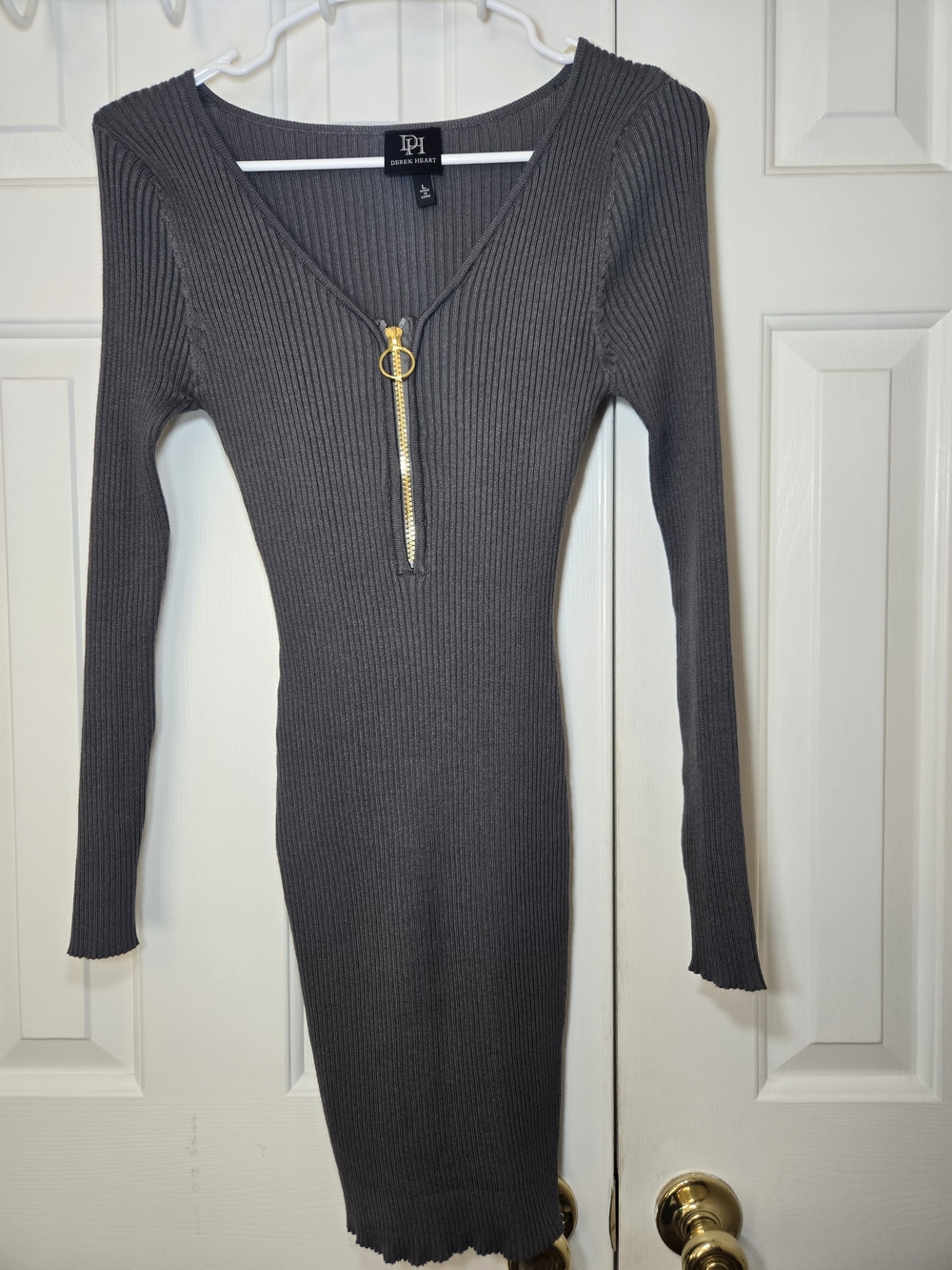 Derek Heart Charcoal Ribbed Long Sleeve Bodycon Zip-Front Dress Size L